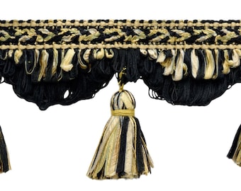 4" long (10cm) Large Fancy Ribbon Tassel Fringe Trim with Scallop design (RTF0400), Beige Gold Black #4752 Sold By The Yard (36"/3 ft/0.9m)