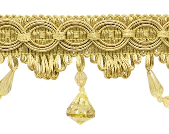 Splendido passamaneria con frange di perline da 3" (7,5 cm) con elegante intestazione Gimp (stile n. BF300), oro antico n. C4 (oro giallo scuro), 3 iarde (9 piedi/2,5 m)