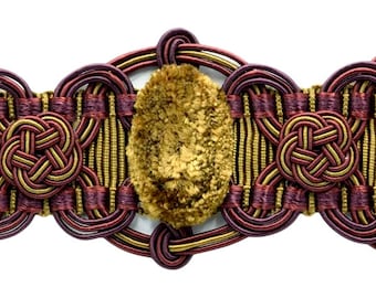 2" (5cm)   Velour Medallion Gimp Braid Trim, Golden Brown Beige Multicolor #LX09 (Golden Beige, Dark Red, Plum Purple) 5 Yards (15 ft/4.5m)