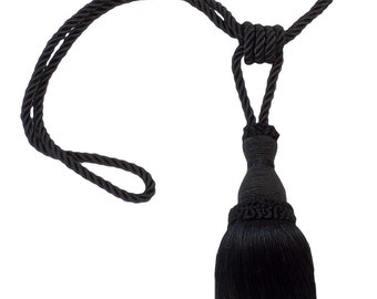 Tassel Tassel Tieback, Tassel Length 8" (20cm), 30" Spread (76cm) (Style# TBH8), Pure Black #K9 (Jet Black) Sold Individually