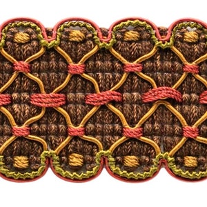 May include: Brown, red, and gold woven trim with a scalloped edge. The trim has a repeating pattern of diamond shapes and small circles.