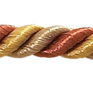 May include: A twisted rope trim featuring three colours: gold, tan, and red. The rope is braided and has a decorative appearance.