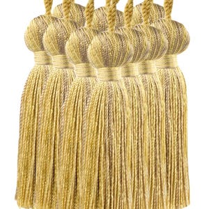 Può includere: Una collezione di nappe decorative dorate. Ogni nappa presenta una parte superiore rotonda e avvolta con un anello intrecciato e una lunga frangia fluida. Le nappe sono di un caldo colore dorato, adatte per l'arredamento della casa o progetti artigianali.