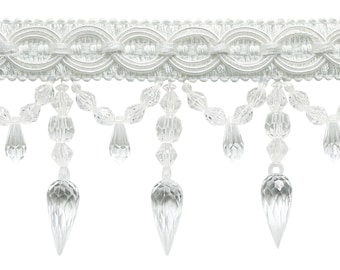 3 3/4" (9.5cm) long Decorative Beaded Fringe Trim with Fancy Gimp Header (BF334), Pure White #A1 (Bright White) 3 Yards (9 ft/2.5m)