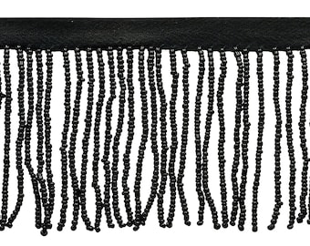 Frangia con perline lavorata a mano da 2 1/2" (6 cm) con motivo Sead Bead (B40684-GL), Nero #K9 (Nero Jet), Venduto tagliato su misura (36"/3 piedi/0,9 m)