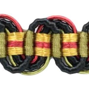 May include: Black, red, and gold braided trim with a repeating pattern of circles. The trim is made of woven fabric and has a slightly textured surface.