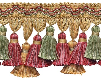 DÉCOPRO 3 3/4" Long Tassel Fringe Trim # TFI2, Holiday Red #3752 (Crimson Red, Light Gold, Mint Green) Sold By The Yard (36"/3 ft/0.9m)