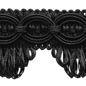 1 1/2&quot; (3.5cm) Scalloped Fringe Gimp | Fringe Trim # SF0150FG, Pure Black #K9 (Jet Black) 27 Yards (82 ft/25m)