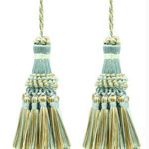 DÉCOPRO Elegant Hand Crafted 4&quot; (10cm) Key Tassel, 3&quot; (7.5cm) Loop# NKT, Island Breeze Blue #5939 (Silver Blue, Gold, Off White) Set of 2