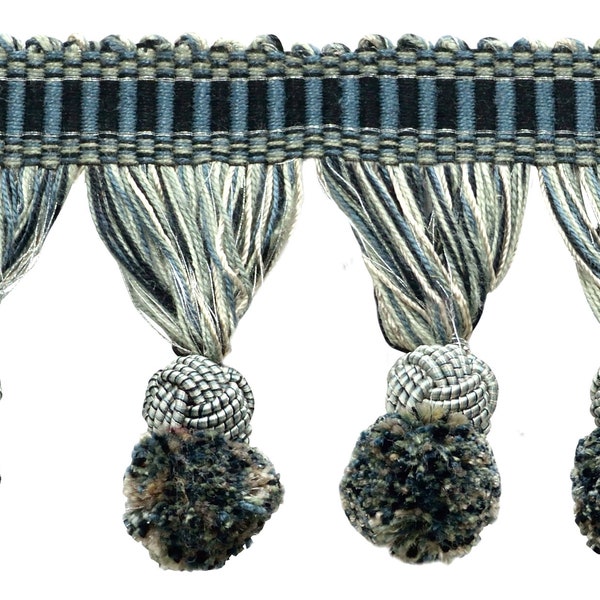 3" (7.5cm) long Pompom Tassel Fringe Trim with Woven Gimp header #VL10 (Light Grey, Slate Blue, Pure Black) 3 Yards (9 ft/2.5m)