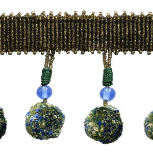 3&quot; long (7.5cm) Glass Beaded Tassel Fringe Trim,Pompom Ball (PPFRWB) VL08 Forest Green,Olive Green,Cobalt Blue,Sold By The Yard,36&quot;/3ft/0.9m