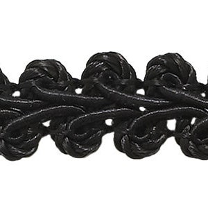 May include: Black braided trim with a repeating pattern of small, round knots. The trim is approximately 1 inch wide.