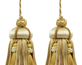 DÉCOPRO 4" ,Key Tassel, 3 1/2" ,Loop, accented with Crown Tassels # KTAX4 Almond Beige #LX01 (Gold Beige, Light Brown, White Ivory) Set of 2