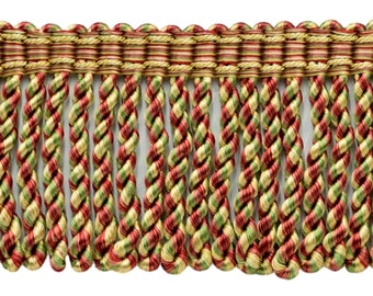 Tela Brick Dust, verde alpino, dorado claro, con flecos de hilo metálico y elegante cabecera tejida /3" de largo/BFMLT3-WVN Color Carnival PRA2B/Se vende cortada a medida