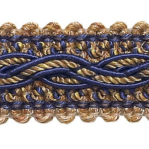 Puede incluir: Una cinta trenzada azul y dorada con un diseño de cuerda. La cinta está tejida con un patrón repetitivo de hilos azules y dorados.