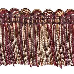 1 1/2" (3.5cm) long Brush Fringe Trim, Cranberry Red Multicolor #4466 (Dark Red, White Gold, Olive Green) Sold By The Yard (36"/3 ft/0.9m)
