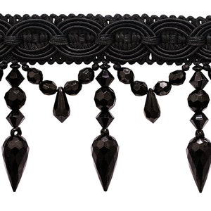 3 3/4" (9.5cm) long Decorative Beaded Fringe Trim with Fancy Gimp Header (BF334), Pure Black #K9 (Jet Black) 3 Yards (9 ft/2.5m)