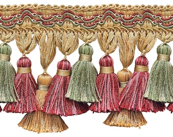 DÉCOPRO 3 3/4" (9.5cm) Long Tassel Fringe Trim # TFI2, Holiday Red #3752 (Crimson Red, Light Gold, Mint Green) 27 Yards (82 ft/25m)