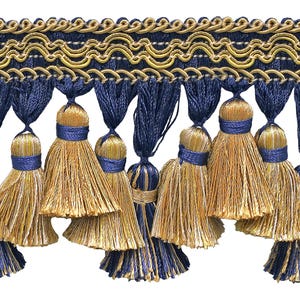 DÉCOPRO 3 3/4" (9.5cm) Long Tassel Fringe Trim # TFI2, Nautical #1152 (Light Gold, Yellow Gold, Navy Blue) Sold By The Yard (36"/3 ft/0.9m)