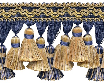 DÉCOPRO 3 3/4" (9.5cm) Long Tassel Fringe Trim # TFI2, Nautical #1152 (Light Gold, Yellow Gold, Navy Blue) Sold By The Yard (36"/3 ft/0.9m)