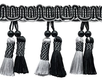 4" (10cm) long  Beaded Tassel Fringe | Fringe Trim #SGB (Pure Black, Light Grey, Grey Silver) 14 Yards (42 ft/12.5m)