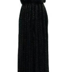 May include: A black tassel with a long, thin fringe. The tassel is made of a soft, silky material and has a small, round bead at the top.