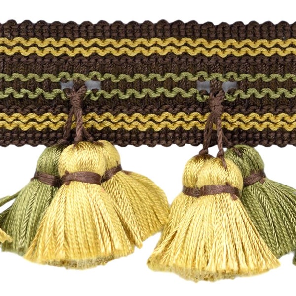 2.5 Inch Mocha Brown, Olive Green, Gold Tassel Fringe Trim / Basic Trim Collection / Style# TFAR025 / Color: Balsom - AR04, Sold By the Yard