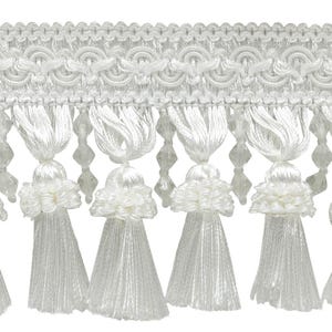 DÉCOPRO 4" (10cm) Beaded Tassel Fringe with Gimp Header | Fringe Trim #BTFCT4 Pure White #A1 (Bright White) Sold By The Yard (36"/3 ft/0.9m)