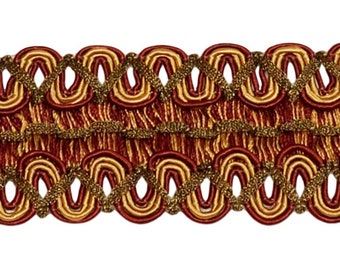 2" Wide Vintage Gimp Braid Trim # 0200HG, Burgundy Gold Red #1253 (Carmine Red, Yellow Gold, Dark Red) Sold By The Yard (36"/3 ft/0.9m)