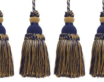 DÉCOPRO Beautiful Hand-crafted 5" Key Tassel, 3 1/2" (8.5cm) Loop, # IKTJ, Nautical #1152 (Light Gold, Yellow Gold, Navy Blue) Set of 4