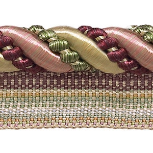 May include: A braided trim with a woven design in shades of pink, green, gold, and burgundy. The trim has a textured, rope-like appearance.