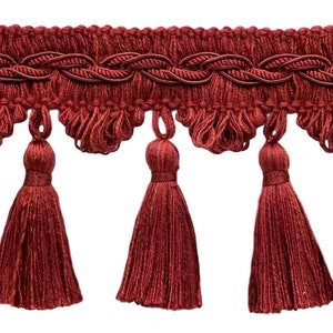 3 1/2" (8.5cm) Veranda Collection Elegant Scalloped Tassel Fringe Trim # VTF035, Brick Red #VNT22 (Dark Rust) 18 Yards (54 ft/16.5m)
