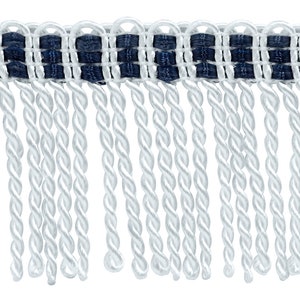 May include: White fringe trim with a woven navy blue and white top. The fringe is made of twisted white cords, creating a decorative border for various craft and sewing projects. This trim adds a classic touch to home decor and apparel.