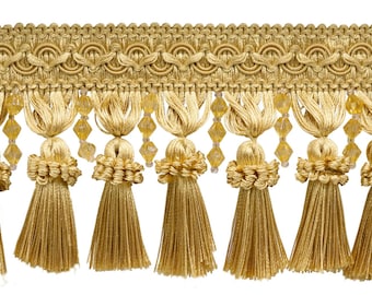 DÉCOPRO 4" (10 cm) Frangia con perline e intestazione in cordoncino / Frangia n. BTFCT4, giallo chiaro n. 50 Venduto tagliato su misura (36"/3 piedi/0,9 m)