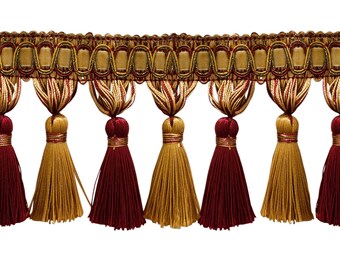 4"  long  Elegant Tassel Fringe Trim (TFH4), Burgundy Gold Red Multicolor #1253 (Carmine Red, Yellow Gold, Dark Red) 6 Yards (18 ft/5.5m)