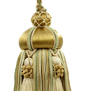 4" (10cm) Key Tassel, 3 1/2" (8.5cm) Loop, accented with Crown Tassels #LX02 (Light Gold, Yellow Gold, Sage Green) Sold Individually