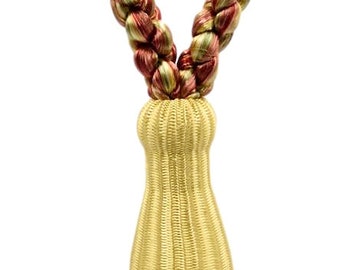 May include: A gold and burgundy tassel with a braided cord and a decorative gold ring.