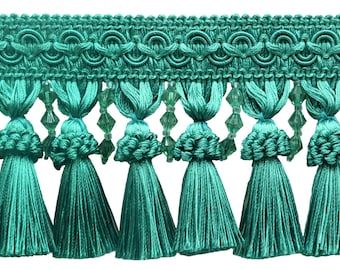 DÉCOPRO 4" (10cm) Beaded Tassel Fringe with Gimp Header | Fringe Trim # BTFCT4, Persian Green #L67 Sold By The Yard (36"/3 ft/0.9m)