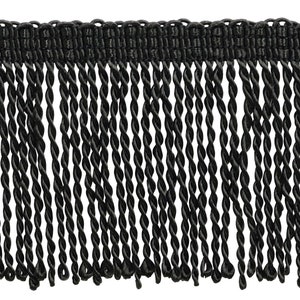 May include: Black fringe trim with a woven top and twisted strands. This decorative trim is ideal for adding texture and detail to clothing, accessories, or home decor projects. The fringe is approximately 3 inches long.