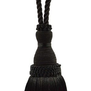 May include: Black tassel tieback with a knotted rope design and a fringed bottom.