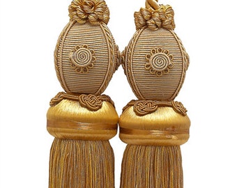 DÉCOPRO Double Curtain & Drapery Tassel Tieback, Tassel Length 10" (25cm), Spread 30" (76cm) # TBB2 #8633 (Two-Tone Gold, Beige) Set of 4