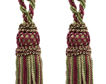 May include: Two burgundy and green tassel tiebacks with a knotted top and a decorative ball at the bottom.
