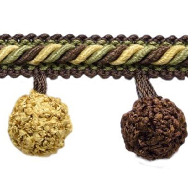 1 3/4" long (4cm) Pompom Tassel Fringe Trim,Rope Gimp header (PPFAR) AR04 Dark Brown,Olive Green,Yellow Gold, Sold By The Yard, 36"/3ft/0.9m