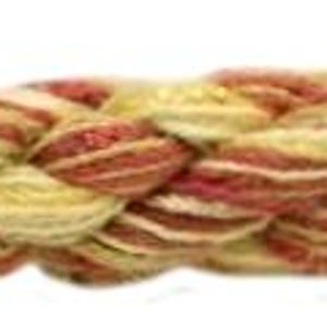 May include: A thick, braided cord featuring a repeating pattern of interwoven strands in muted red and pale yellow. The rope has a textured, fibrous appearance with a consistent, tight weave throughout its entire horizontal length.