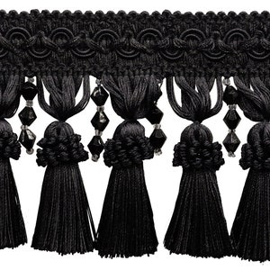 4" Elegant Beaded Tassel Fringe with Fancy Gimp Header | Fringe Trim # BTFCT4, Pure Black #K9 (Jet Black) Sold By The Yard (36"/3 ft/0.9m)