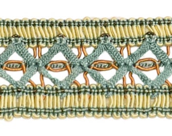 1 1/2" Wide Vintage Gimp Braid Trim # 0150HG, Island Breeze Blue #5939 (Silver Blue, Gold, Off White) Sold By The Yard (36"/3 ft/0.9m)