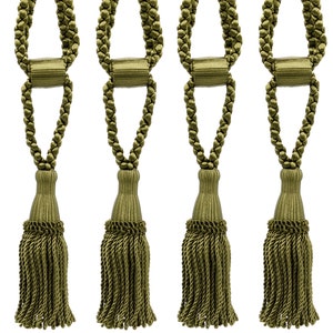 May include: Set of four olive green tassel tiebacks with a braided rope design and a tassel fringe.