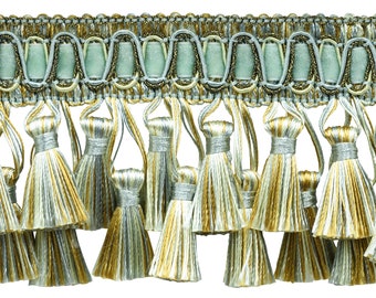 3&quot;  Elaborate Two Tier Tassel Fringe Trim # TFH3D, Island Breeze Blue #5939 (Silver Blue, Gold, Off White) Sold By The Yard (36&quot;/3 ft/0.9m)