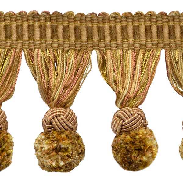 3" long (7.5cm) Pompom Tassel Fringe Trim,Fancy Woven Gimp header (PPFRW) VL04 Gold,Light Brown,Light Gold, Sold By The Yard (36"/3 ft/0.9m)