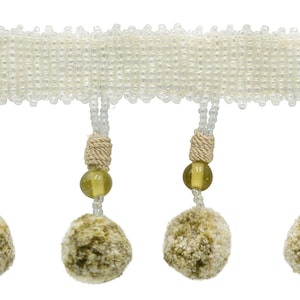 3&quot; (7.5cm) long Beaded Tassel Fringe Trim with Pompom Ball #VL06 (White Ivory, Cream Ivory, Light Beige) 3 Yards (9 ft/2.5m)